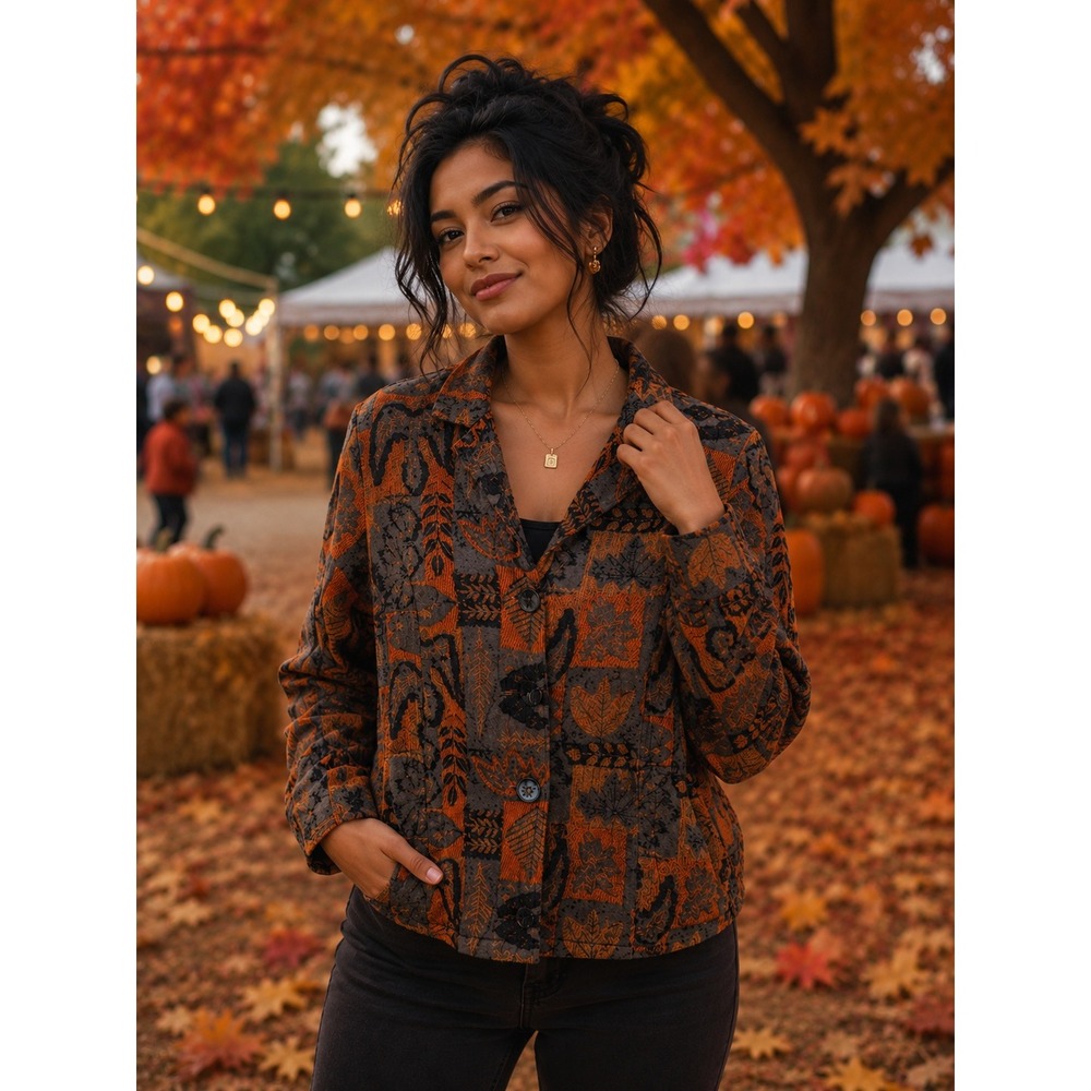 Vintage Autumn Fall Season Tapestry Blazer Women's Size Large Cottagecore Artsy